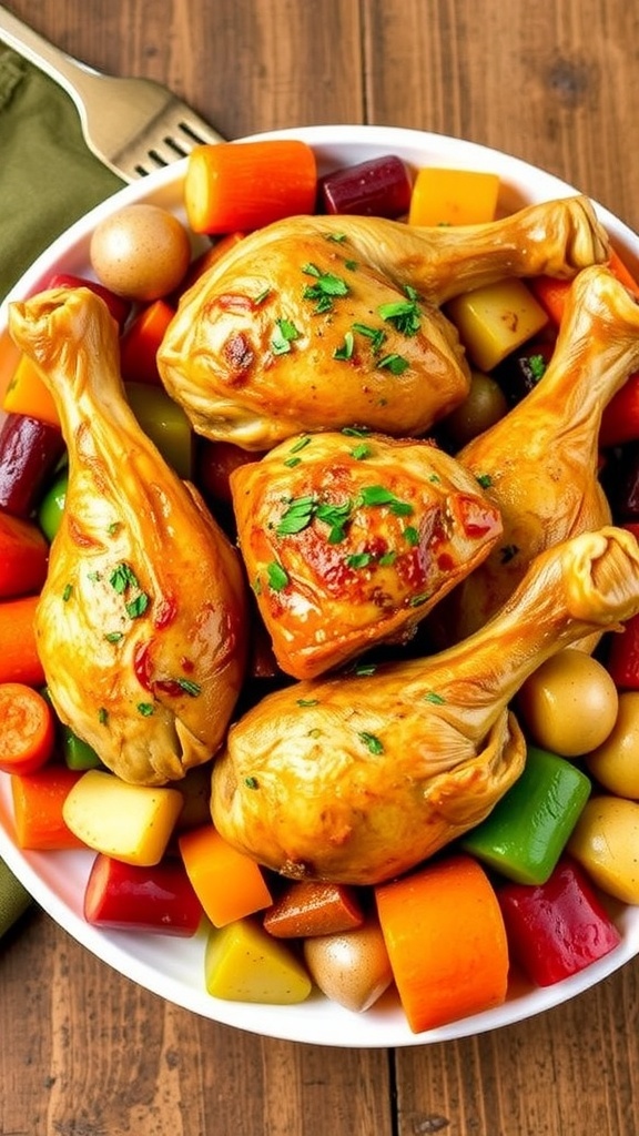 Crockpot Chicken Drumsticks with Vegetables Crockpot chicken drumsticks with potatoes, carrots, and bell peppers on a rustic table.